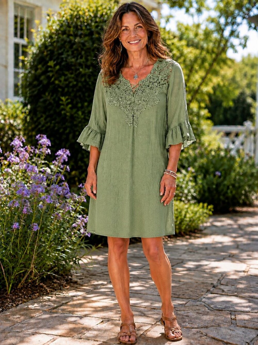 KINGS ROAD Ruffle Elbow Slve Scoop Neck Crochet Lace Olive Green Mini Dress L